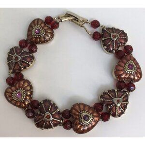 VIntage Monet Heart Bracelet Double Chain Strung Red Beads Bronze Hearts